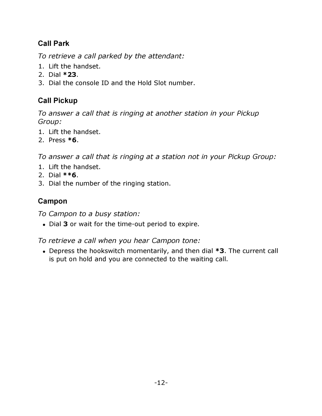 Mitel 7000 Series manual Call Park, Call Pickup, Campon 