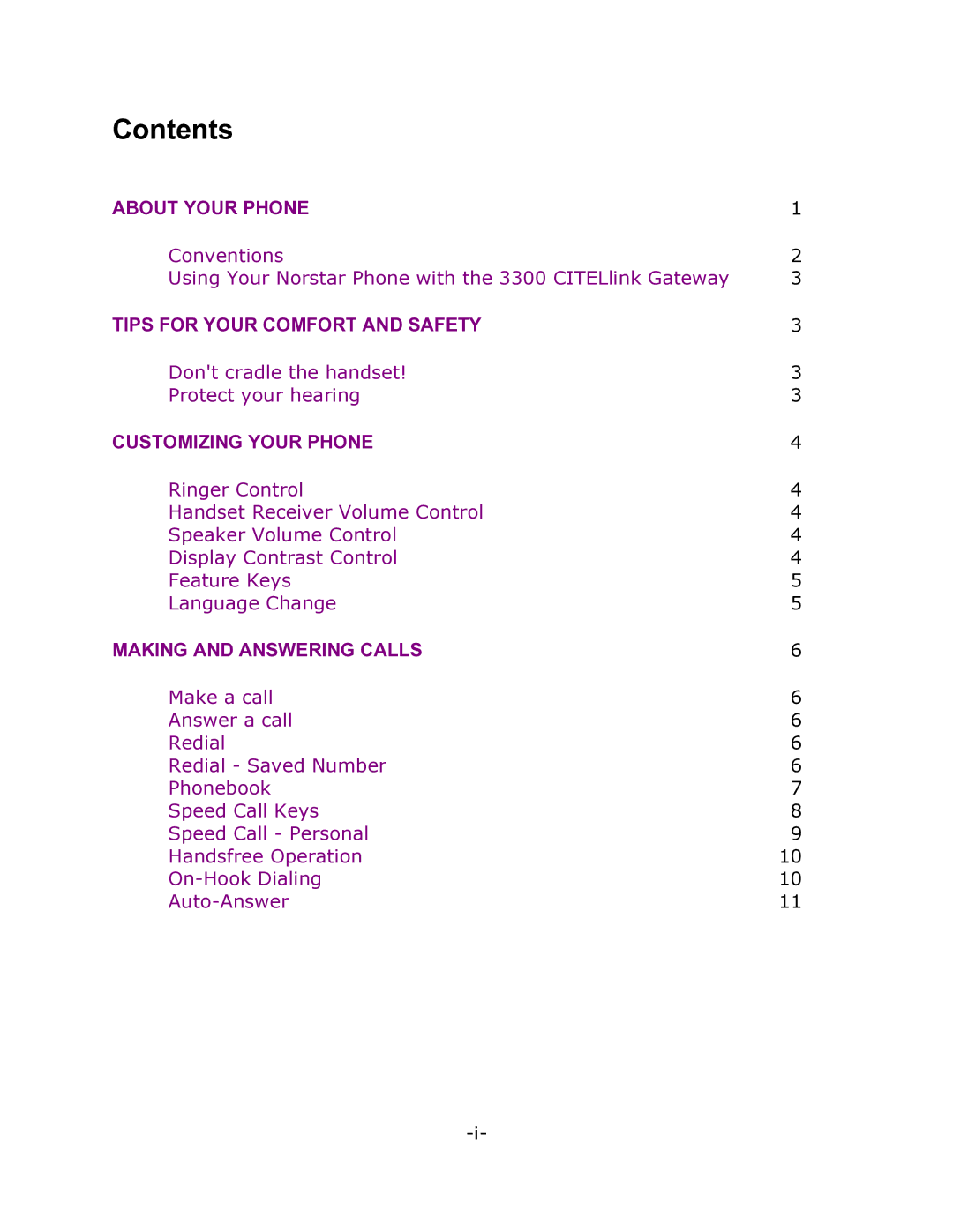 Mitel 7000 manual Contents 