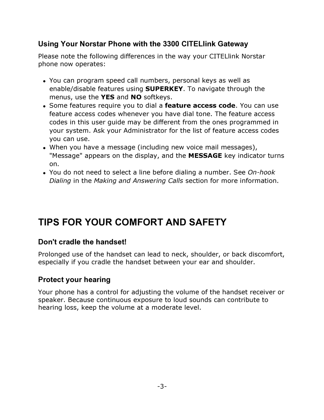 Mitel 7000 manual Tips for Your Comfort and Safety, Using Your Norstar Phone with the 3300 CITELlink Gateway 