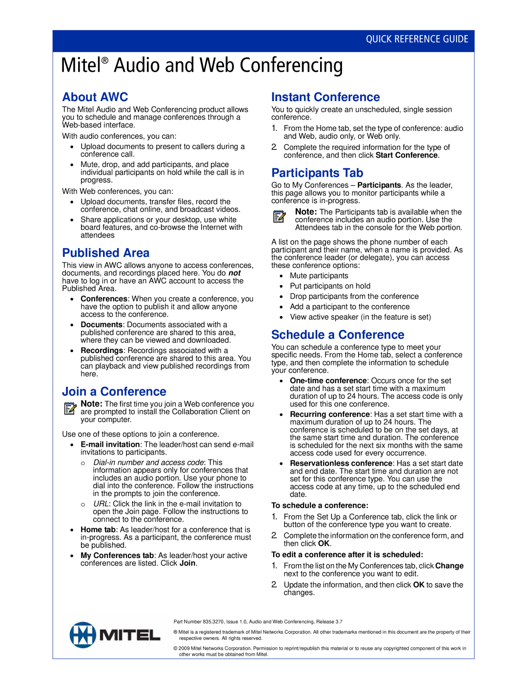 Mitel 835.327 manual About AWC, Published Area, Join a Conference, Instant Conference, Participants Tab 