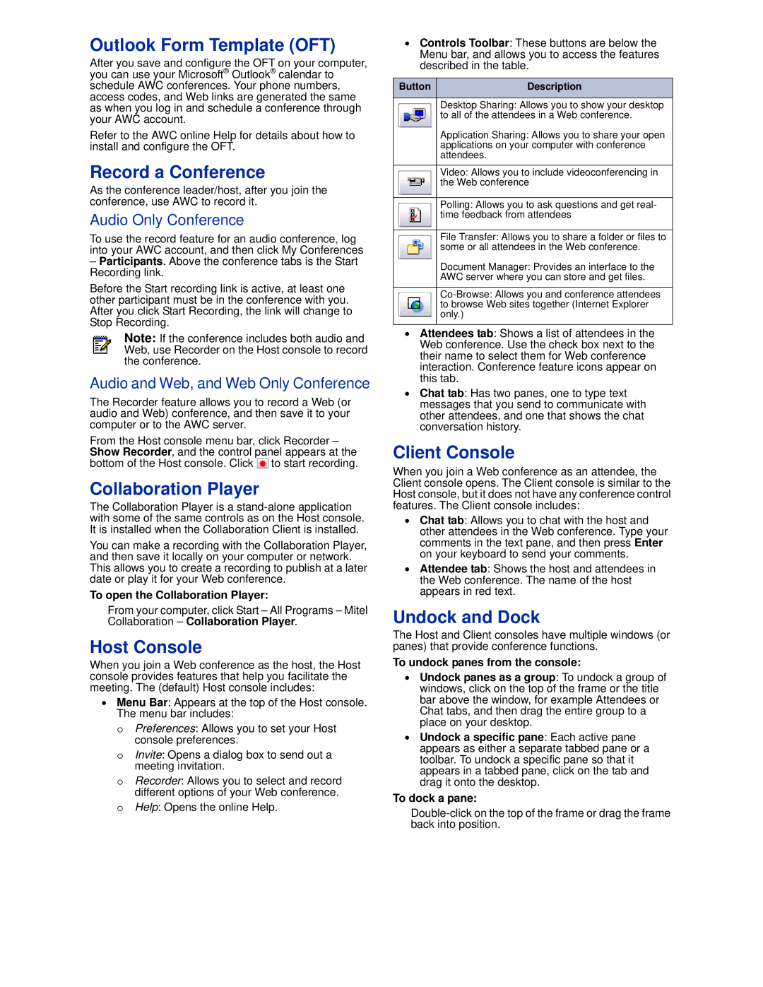 Mitel 835.327 manual Outlook Form Template OFT, Record a Conference, Collaboration Player, Host Console, Client Console 