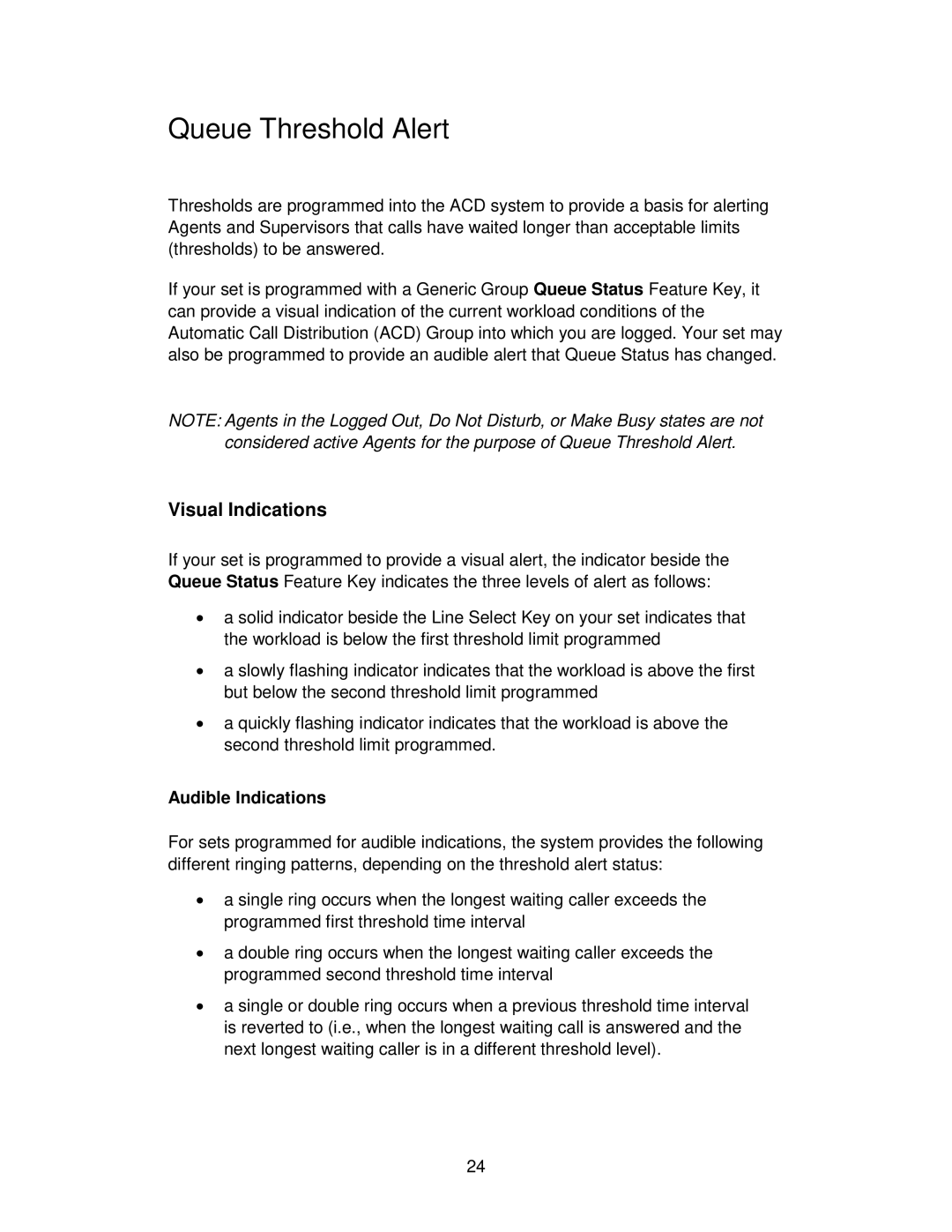 Mitel ACD 2000 manual Queue Threshold Alert, Visual Indications 