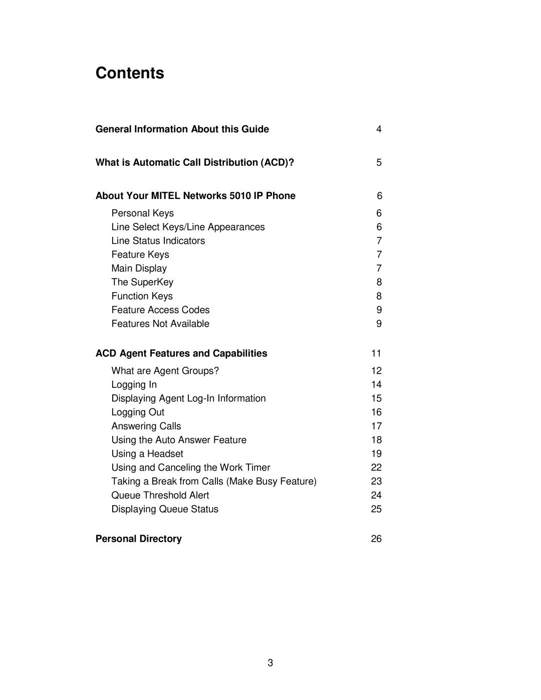 Mitel ACD 2000 manual Contents 