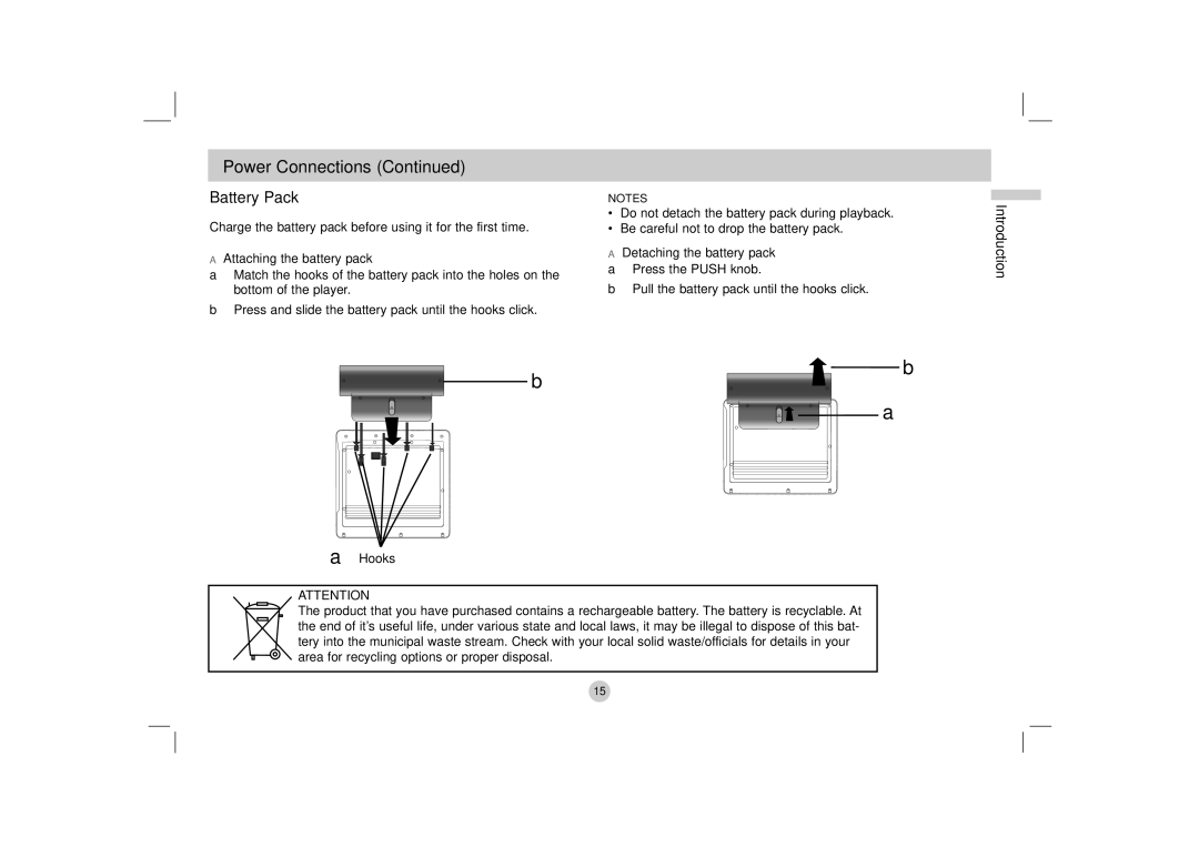 Mitel DP771 owner manual Battery Pack, Attaching the battery pack, Detaching the battery pack a Press the Push knob, Hooks 