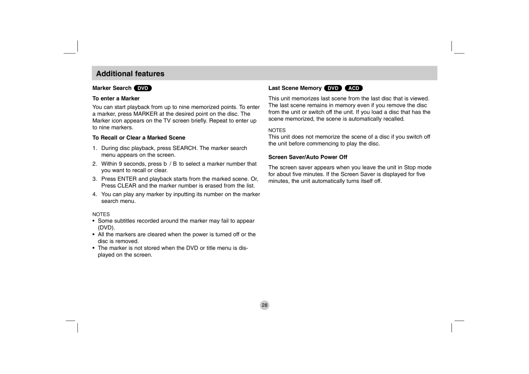 Mitel DP771 owner manual Additional features, Marker Search DVD To enter a Marker, To Recall or Clear a Marked Scene 