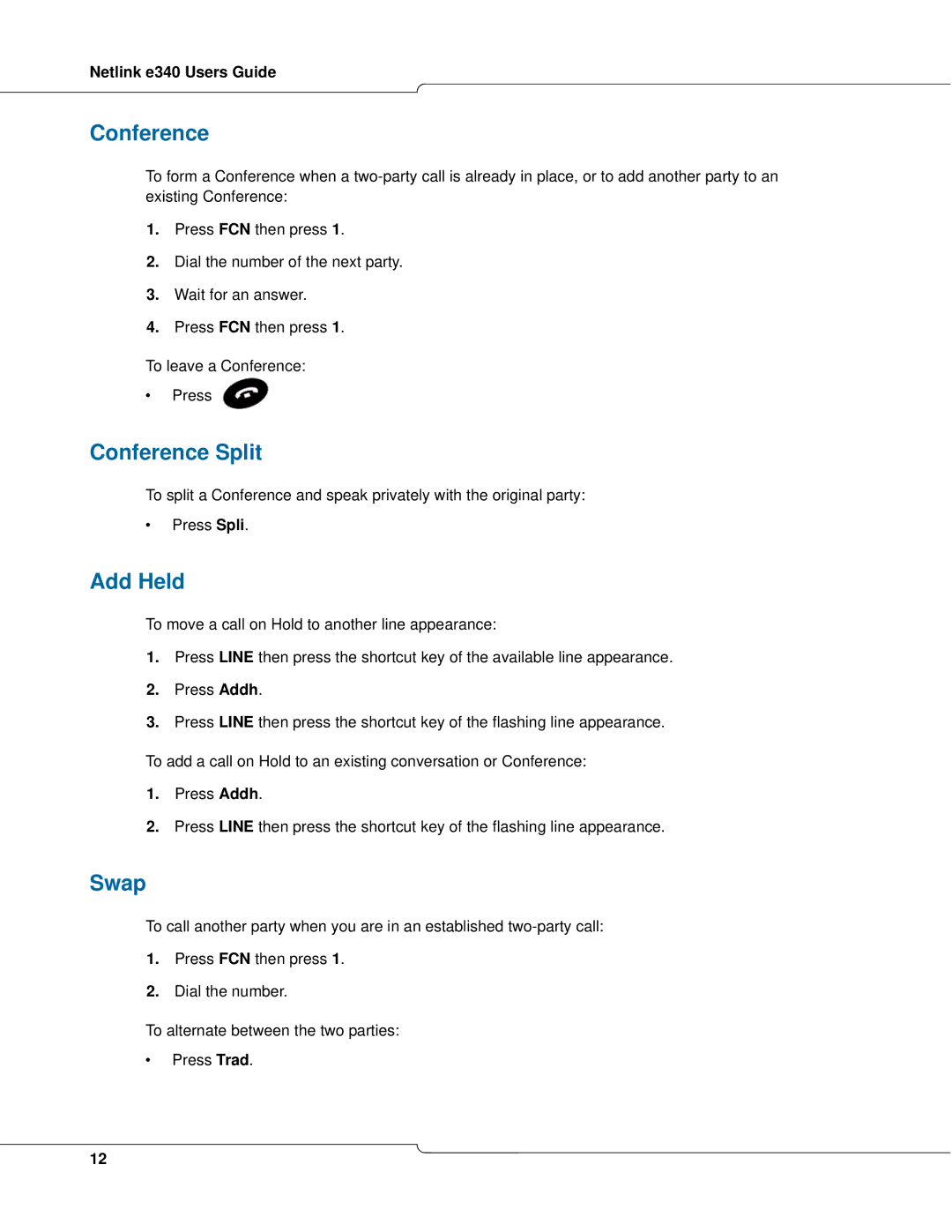 Mitel e340 manual Conference Split, Add Held, Swap 