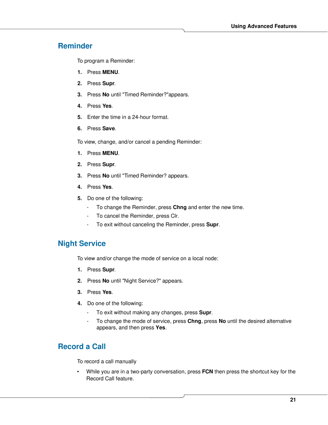 Mitel e340 manual Reminder, Night Service, Record a Call 