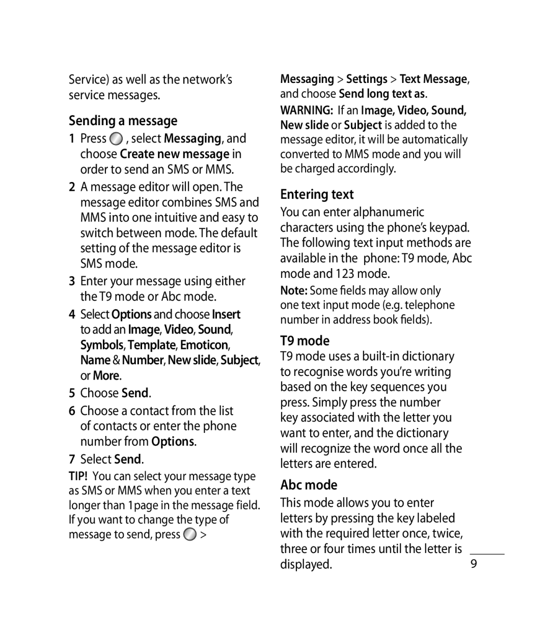 Mitel GB255G manual Sending a message, Entering text, T9 mode, Abc mode 