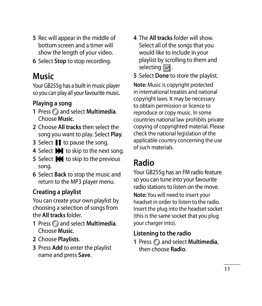 Mitel GB255G manual Music, Radio, Playing a song, Creating a playlist, Listening to the radio 