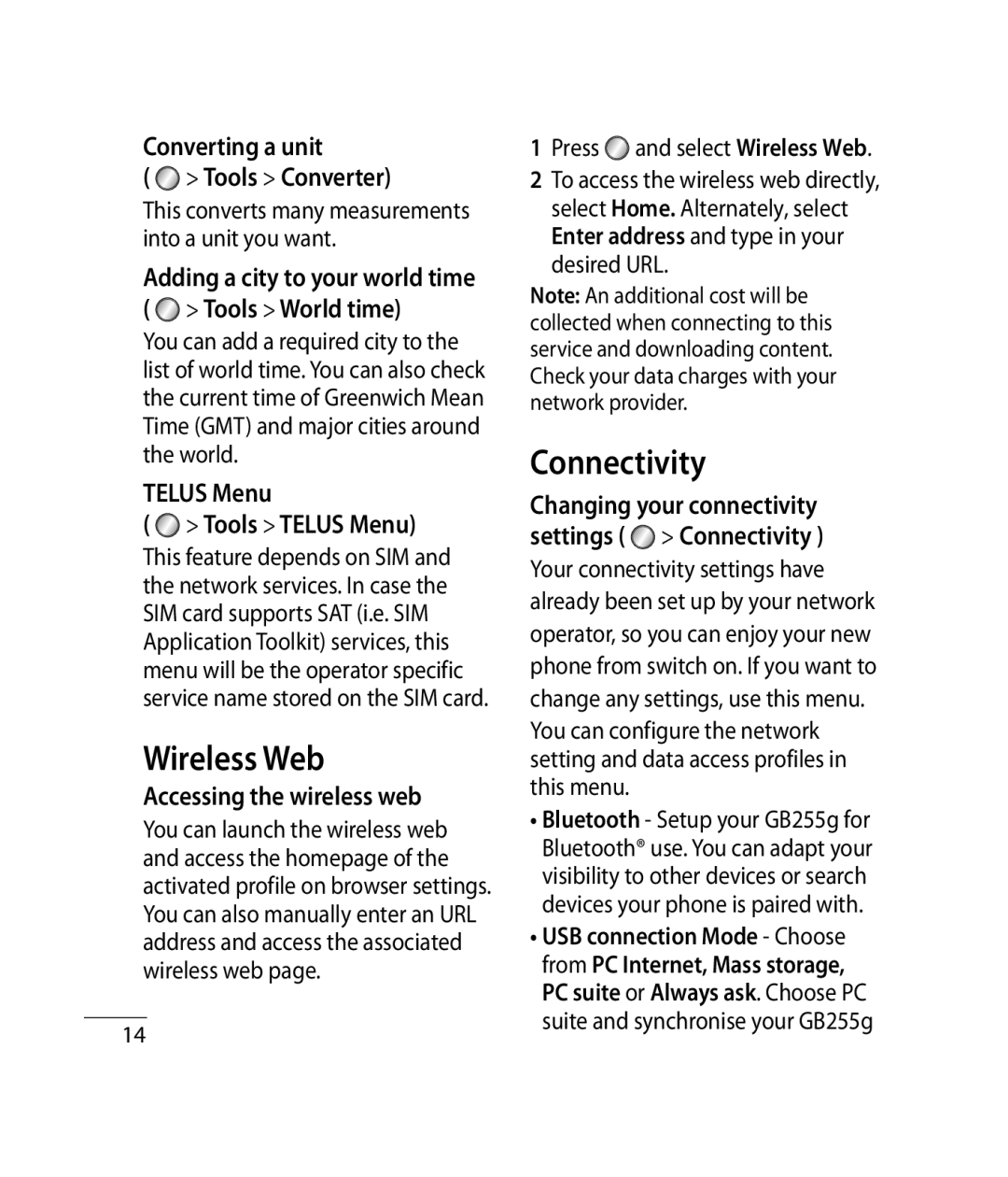 Mitel GB255G manual Wireless Web, Connectivity, Converting a unit Tools Converter, Telus Menu, Accessing the wireless web 