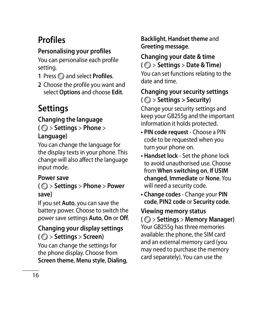 Mitel GB255G manual Profiles, Settings 