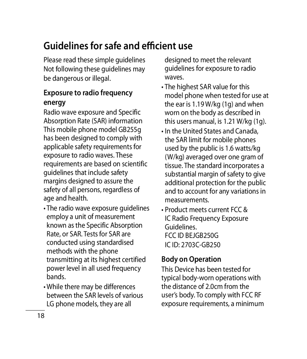 Mitel GB255G manual Guidelines for safe and efficient use, Exposure to radio frequency energy, Body on Operation 