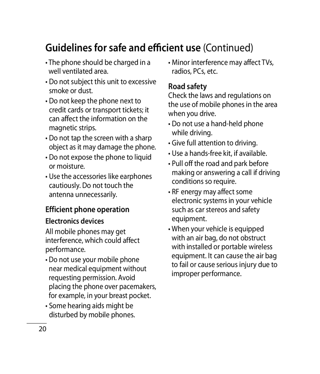 Mitel GB255G Efficient phone operation, Road safety, Do not expose the phone to liquid or moisture, Electronics devices 