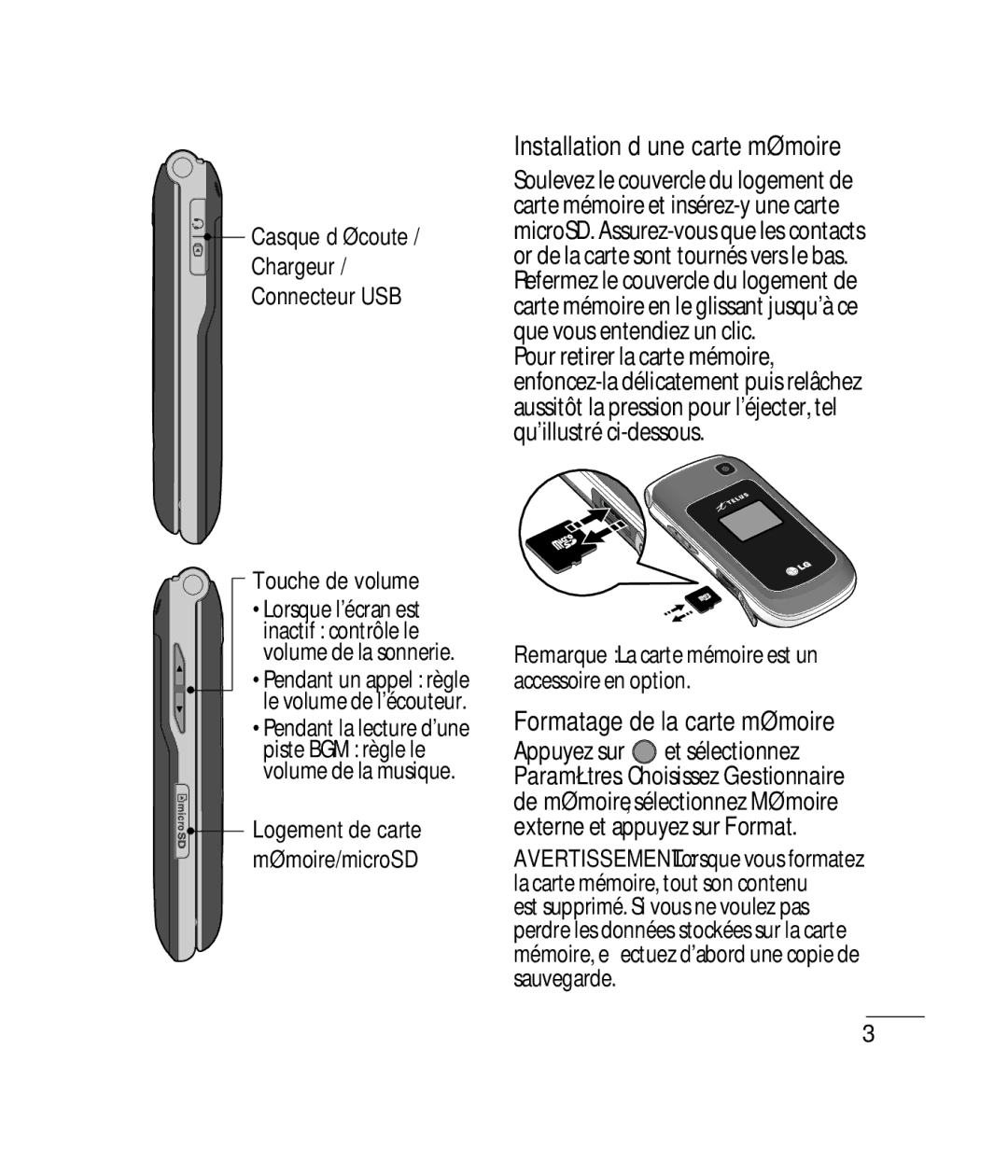 Mitel GB255G manual Installation d’une carte mémoire, Formatage de la carte mémoire, Touche de volume 