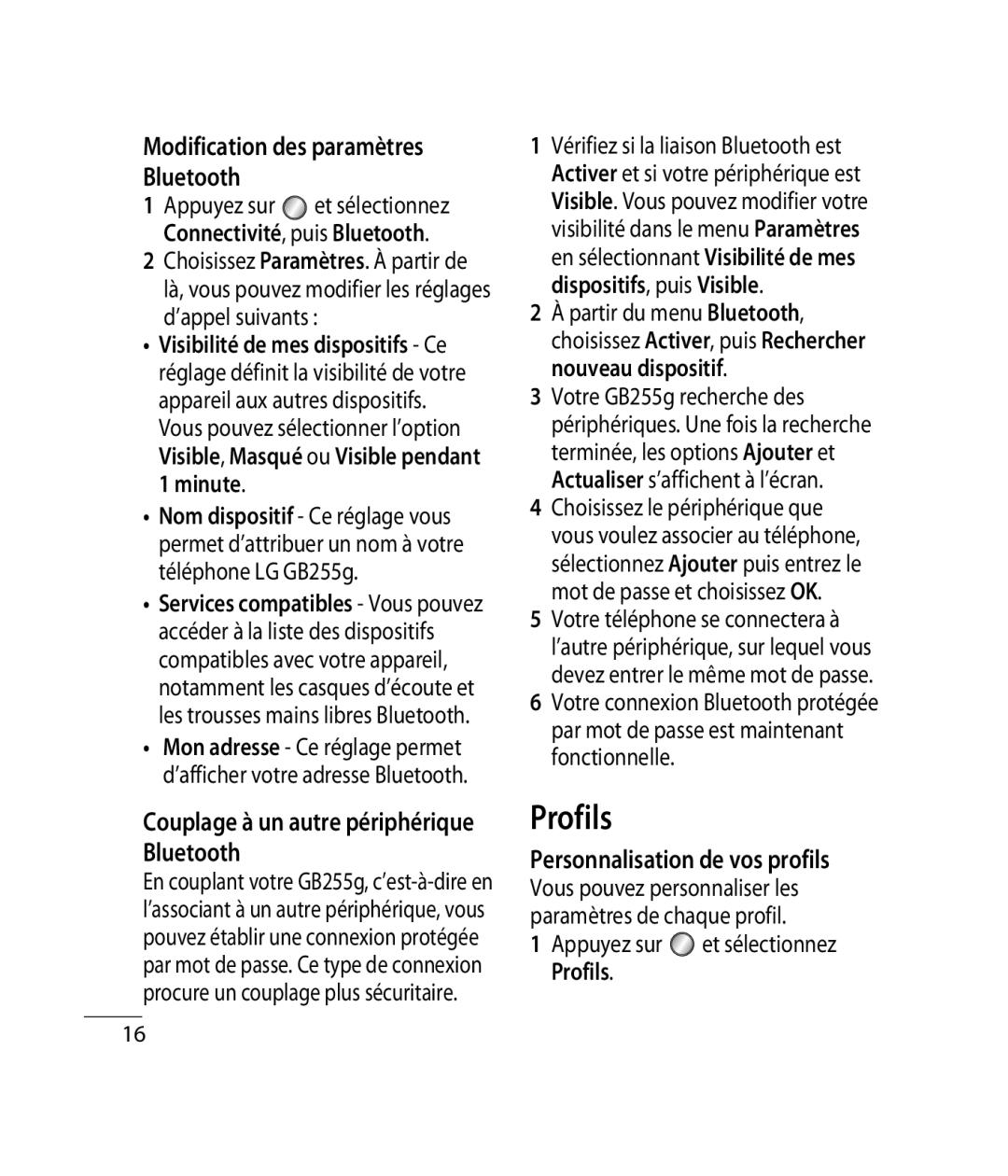 Mitel GB255G manual Profils, Modification des paramètres Bluetooth, Couplage à un autre périphérique Bluetooth 