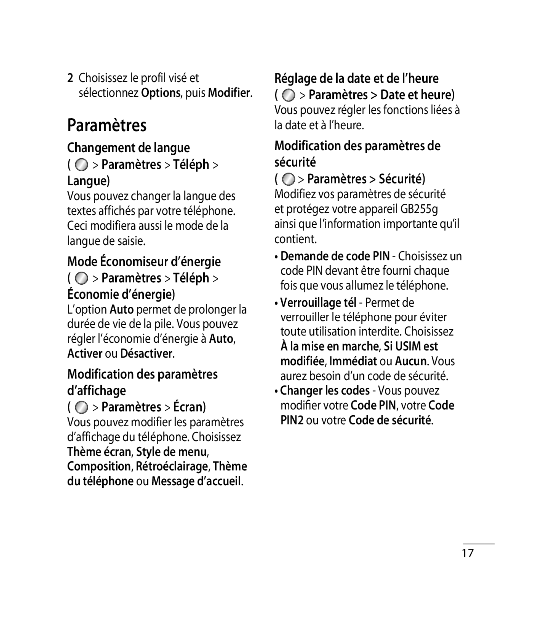 Mitel GB255G manual Changement de langue Paramètres Téléph Langue, Paramètres Écran, Réglage de la date et de l’heure 