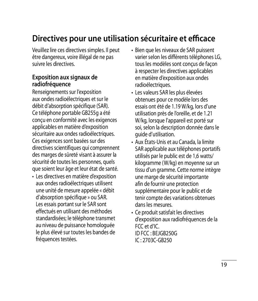 Mitel GB255G manual Directives pour une utilisation sécuritaire et efficace, IC 2703C-GB250 