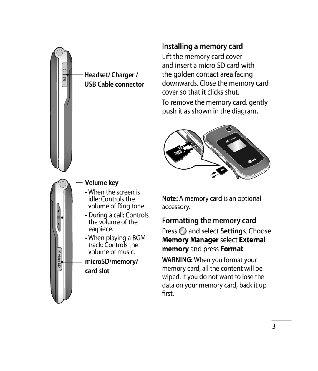 Mitel GB255G manual Installing a memory card, Formatting the memory card, Volume key, Volume of music 