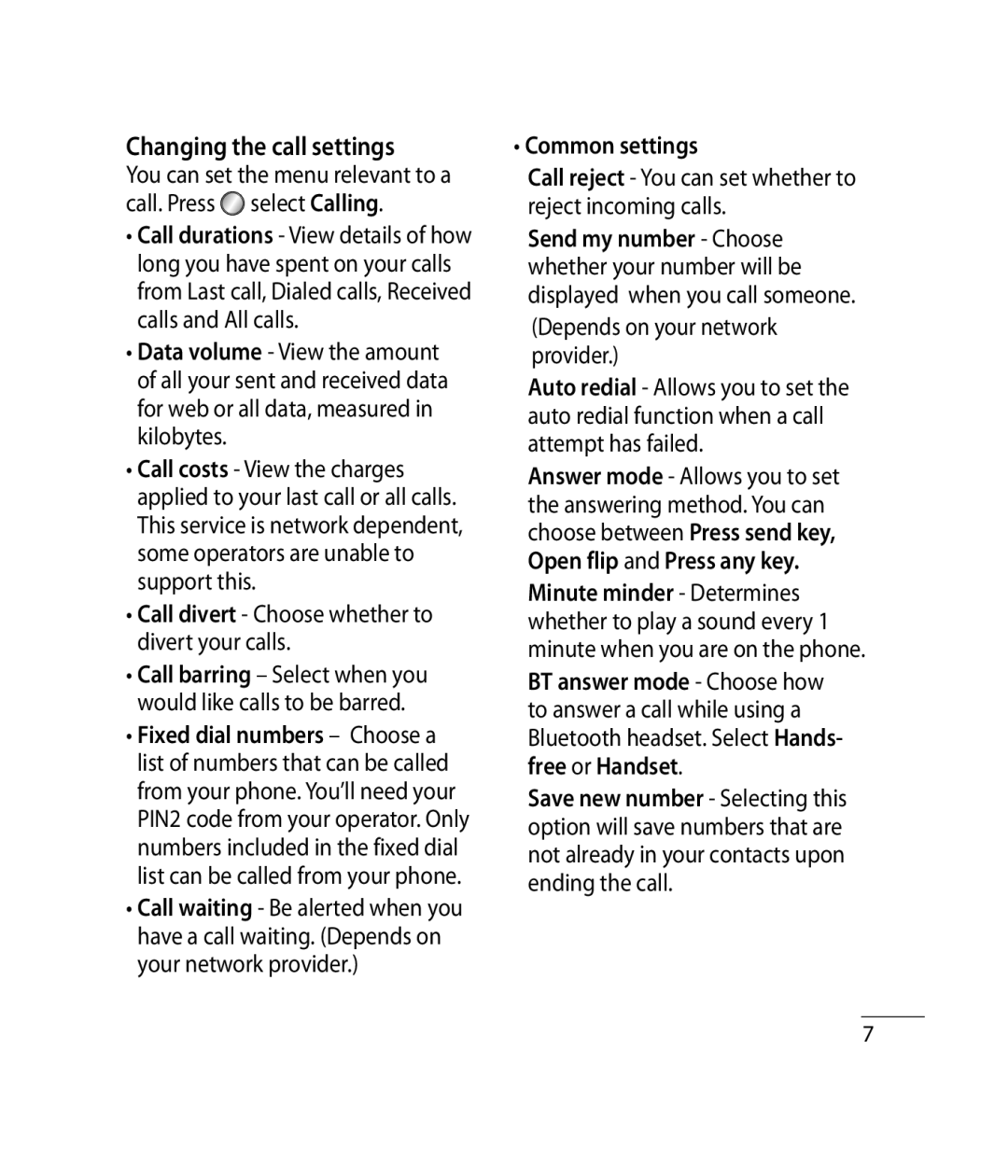 Mitel GB255G manual Changing the call settings, Call divert Choose whether to divert your calls, Common settings 