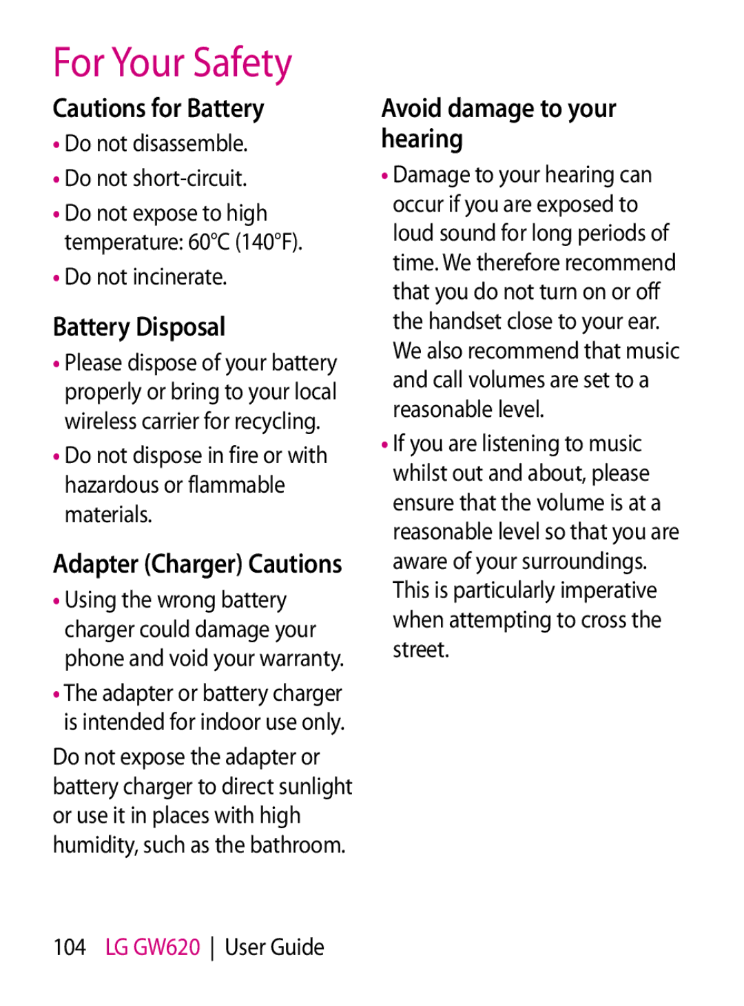 Mitel GW620 Battery Disposal, Avoid damage to your hearing, Do not disassemble Do not short-circuit, Do not incinerate 