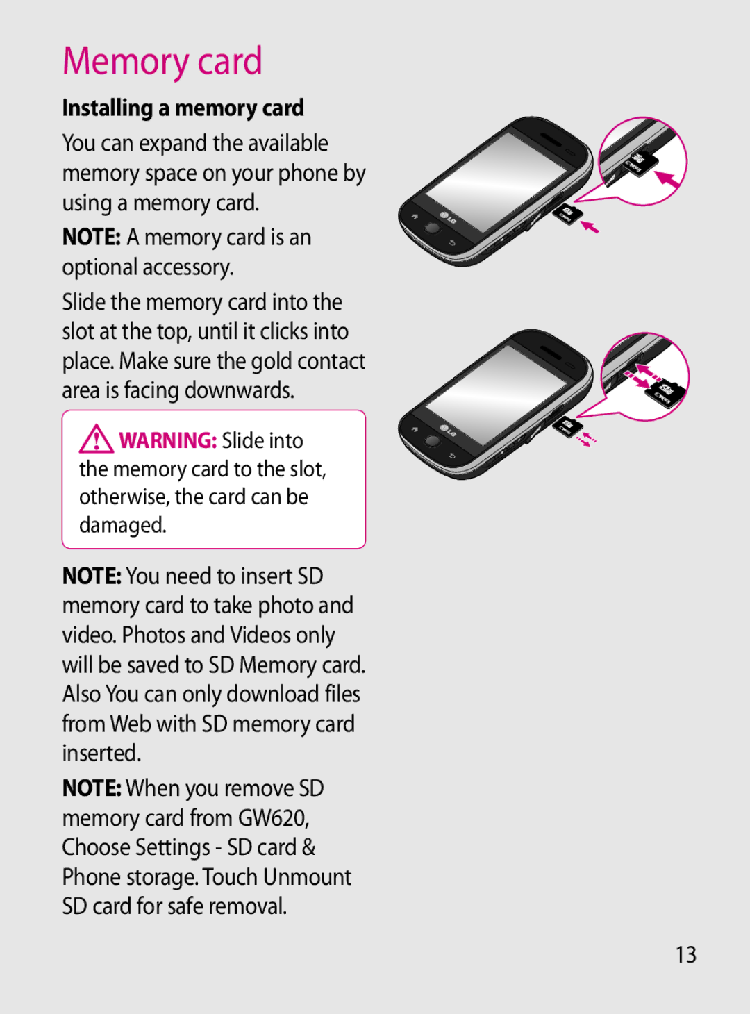 Mitel GW620 manual Memory card, Installing a memory card 