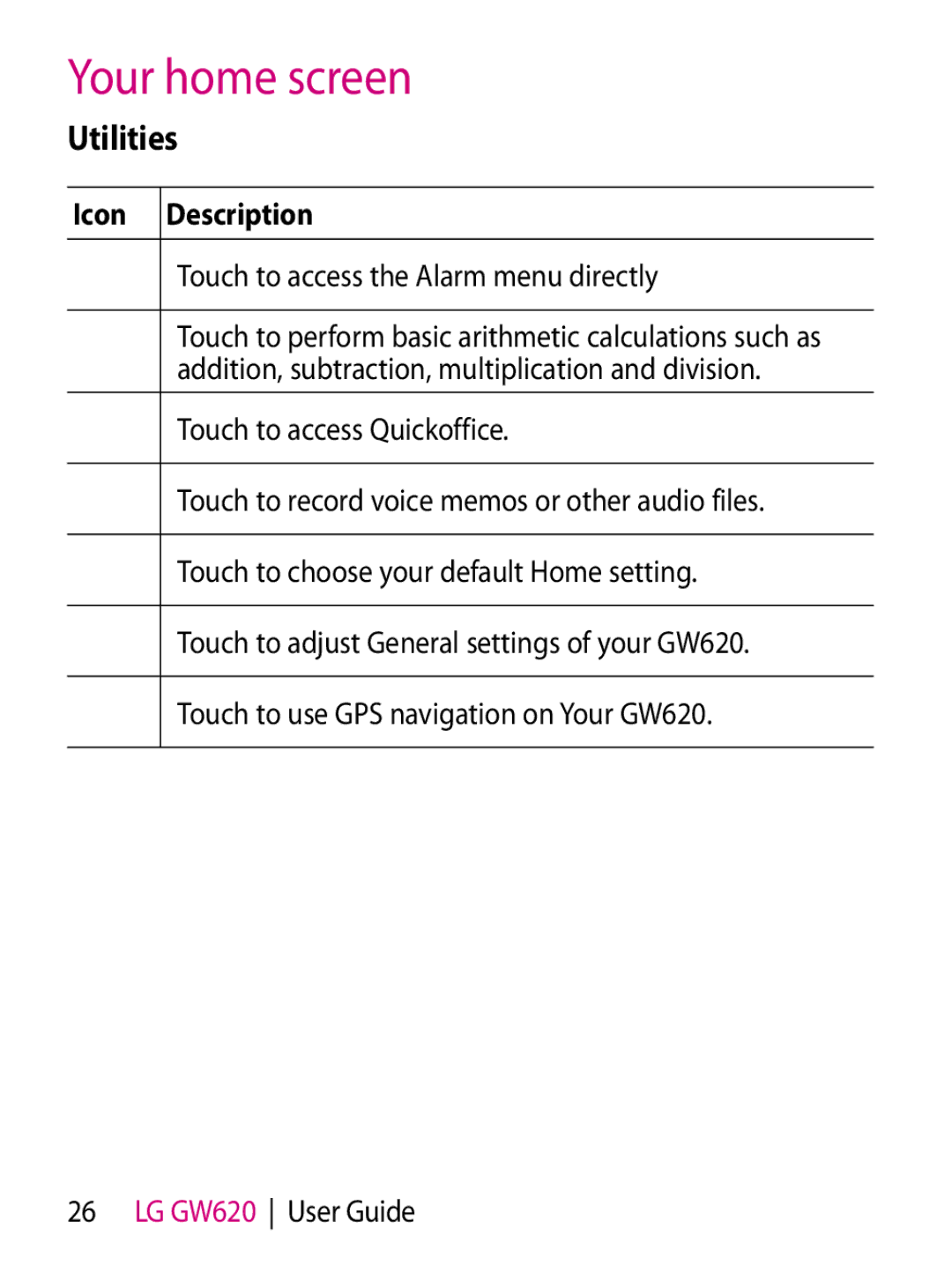 Mitel GW620 manual Utilities, Touch to access the Alarm menu directly 