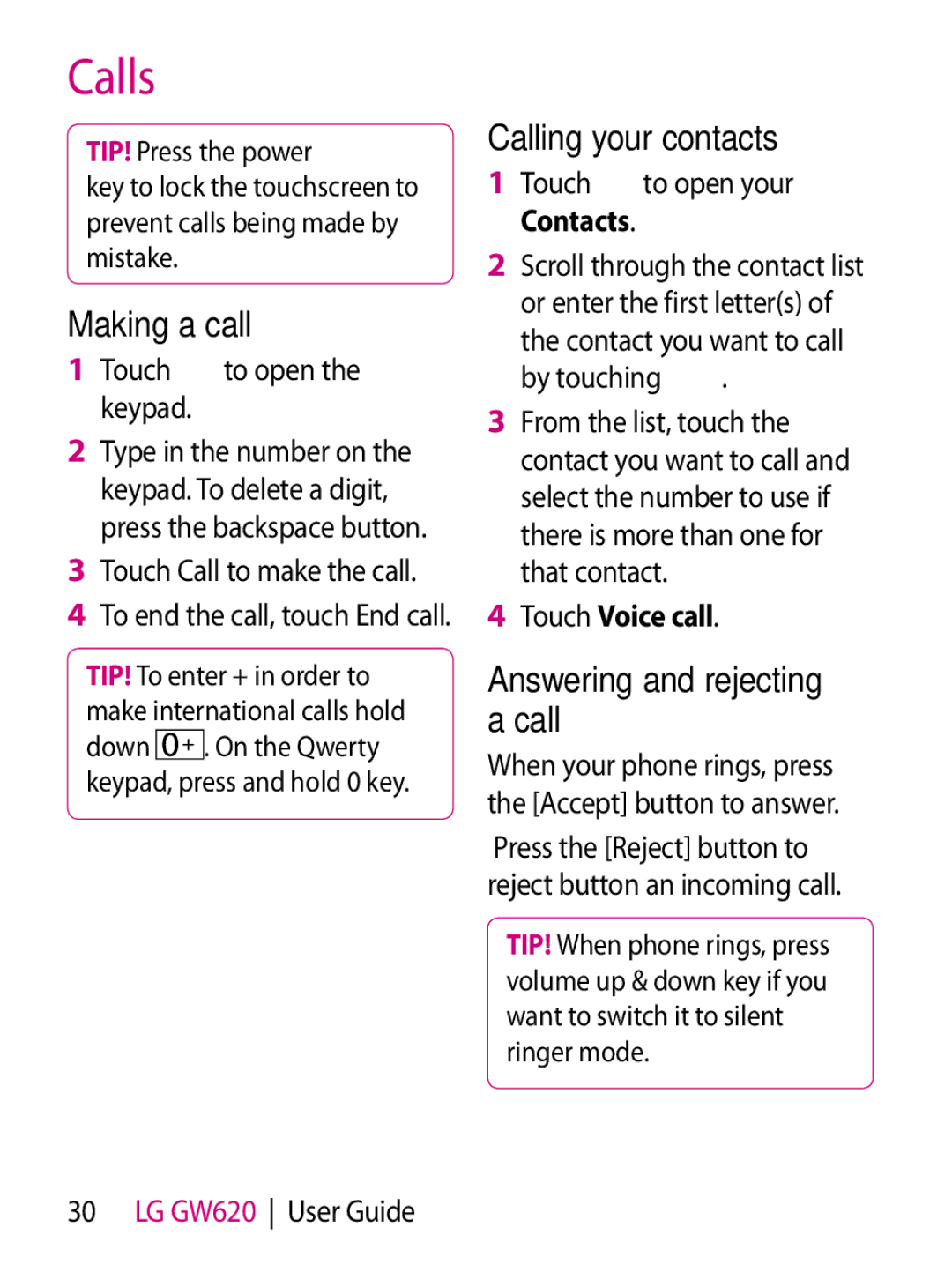 Mitel GW620 manual Calls, Making a call, Calling your contacts, Answering and rejecting a call, Touch Voice call 