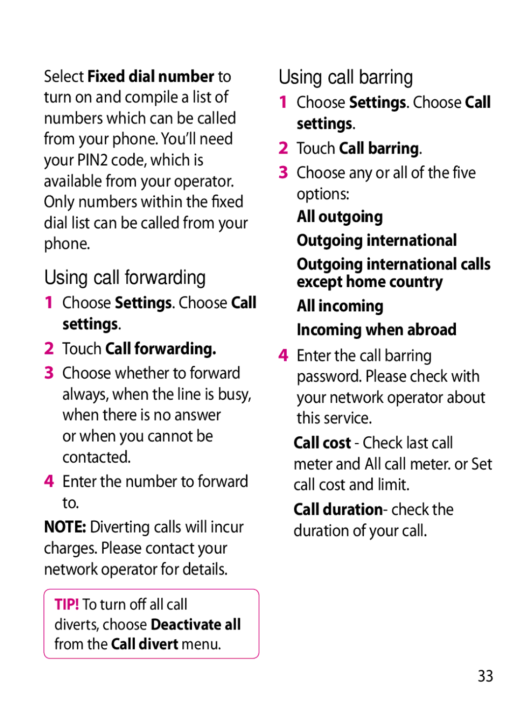 Mitel GW620 manual Using call forwarding, Using call barring, Touch Call forwarding, Touch Call barring 