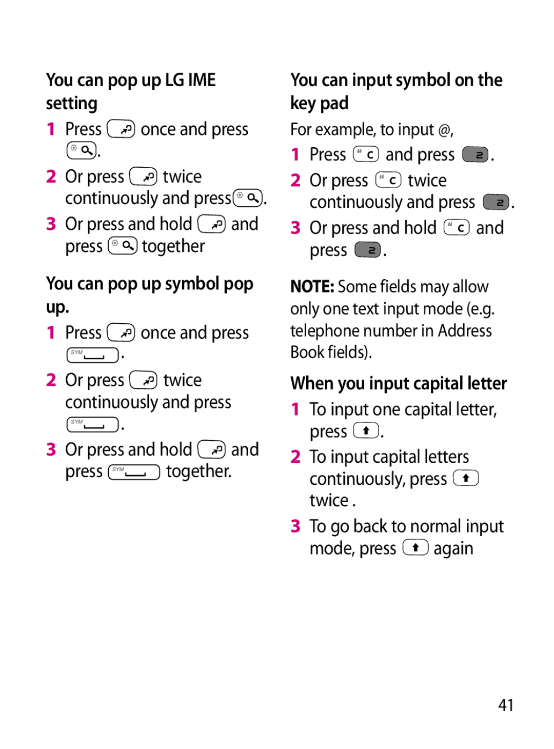 Mitel GW620 manual You can pop up LG IME setting, You can pop up symbol pop up, You can input symbol on the key pad 