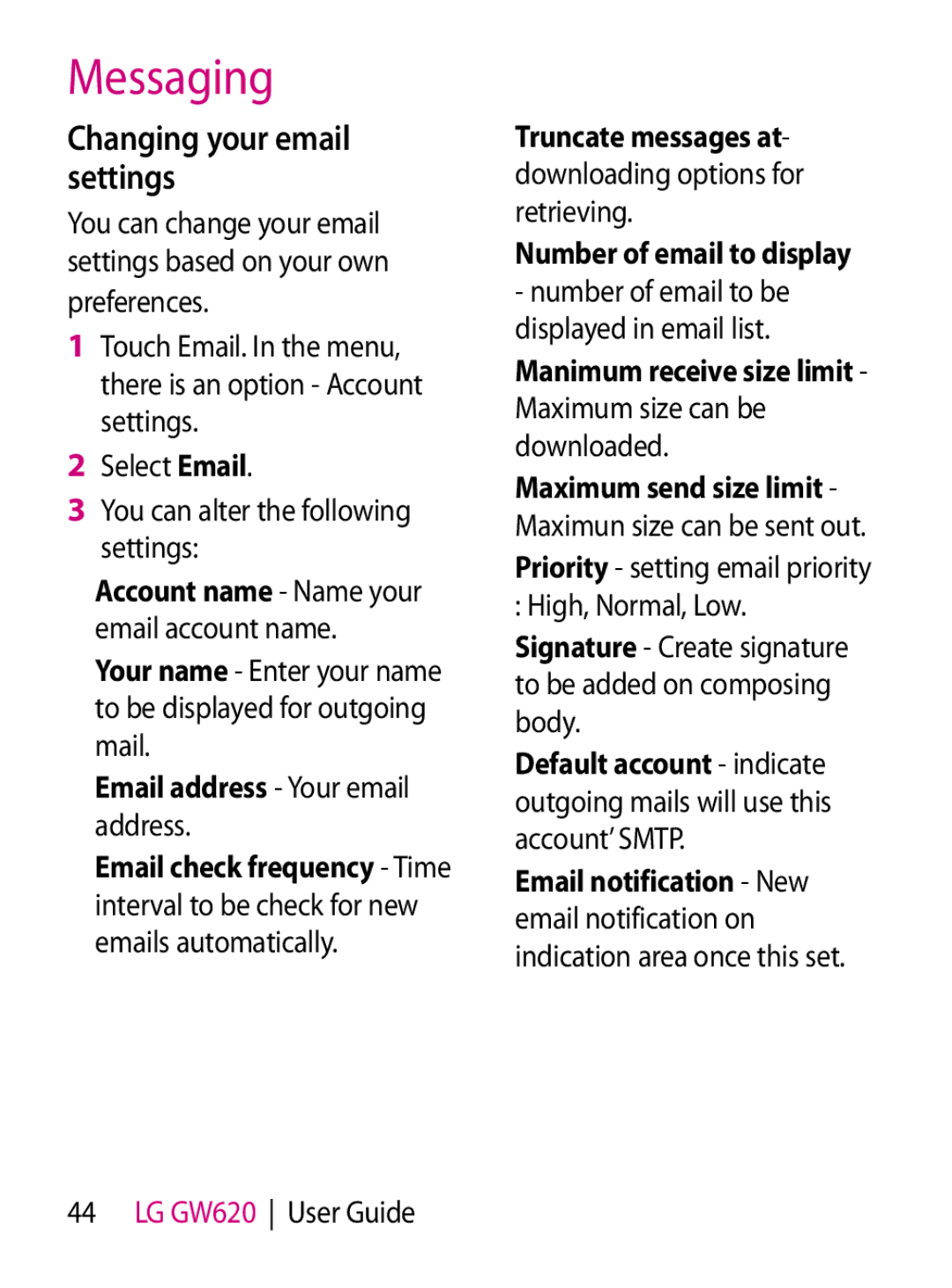 Mitel GW620 manual Changing your email settings, Email address Your email address, Truncate messages at 