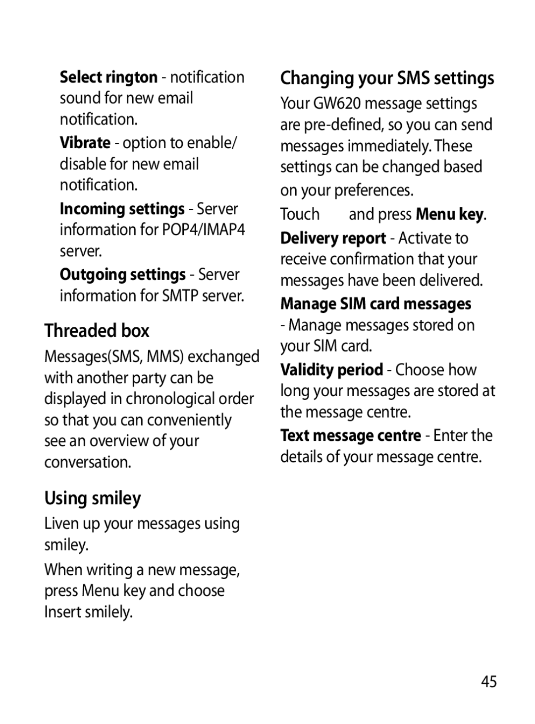 Mitel GW620 manual Threaded box, Using smiley, Incoming settings Server information for POP4/IMAP4 server 