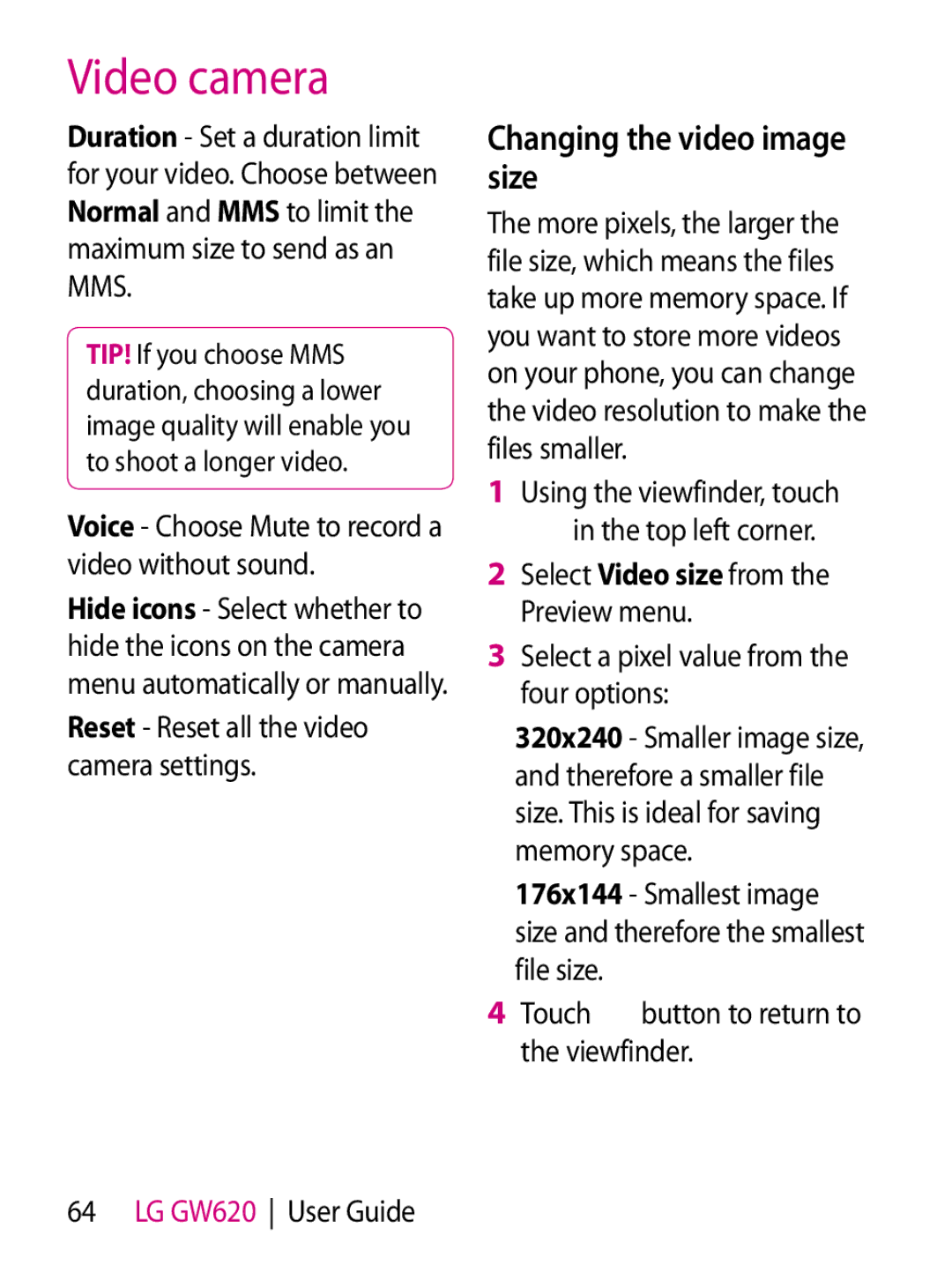 Mitel GW620 manual Changing the video image size, Select a pixel value from the four options 