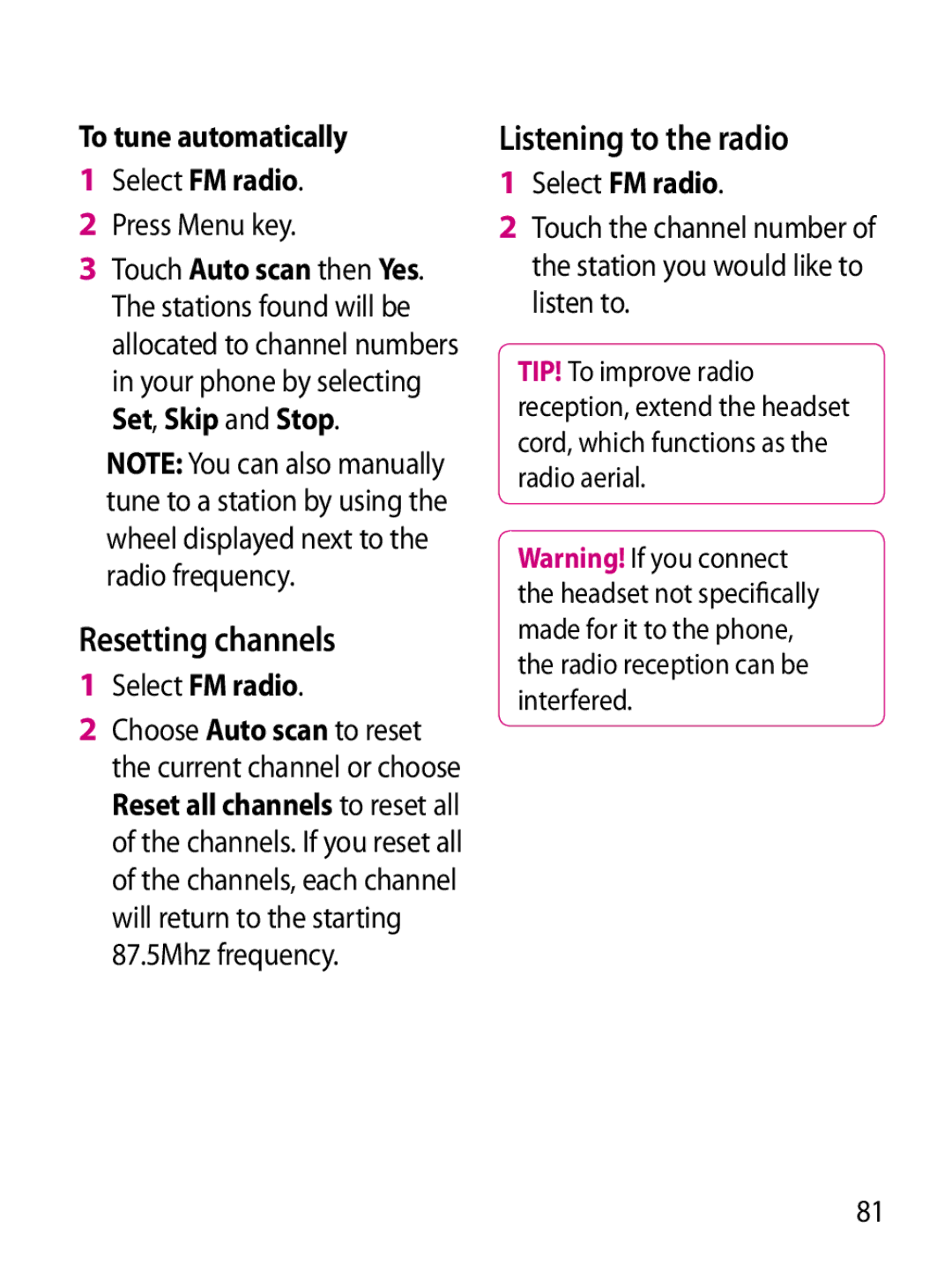 Mitel GW620 manual Resetting channels, Listening to the radio, To tune automatically, Select FM radio Press Menu key 