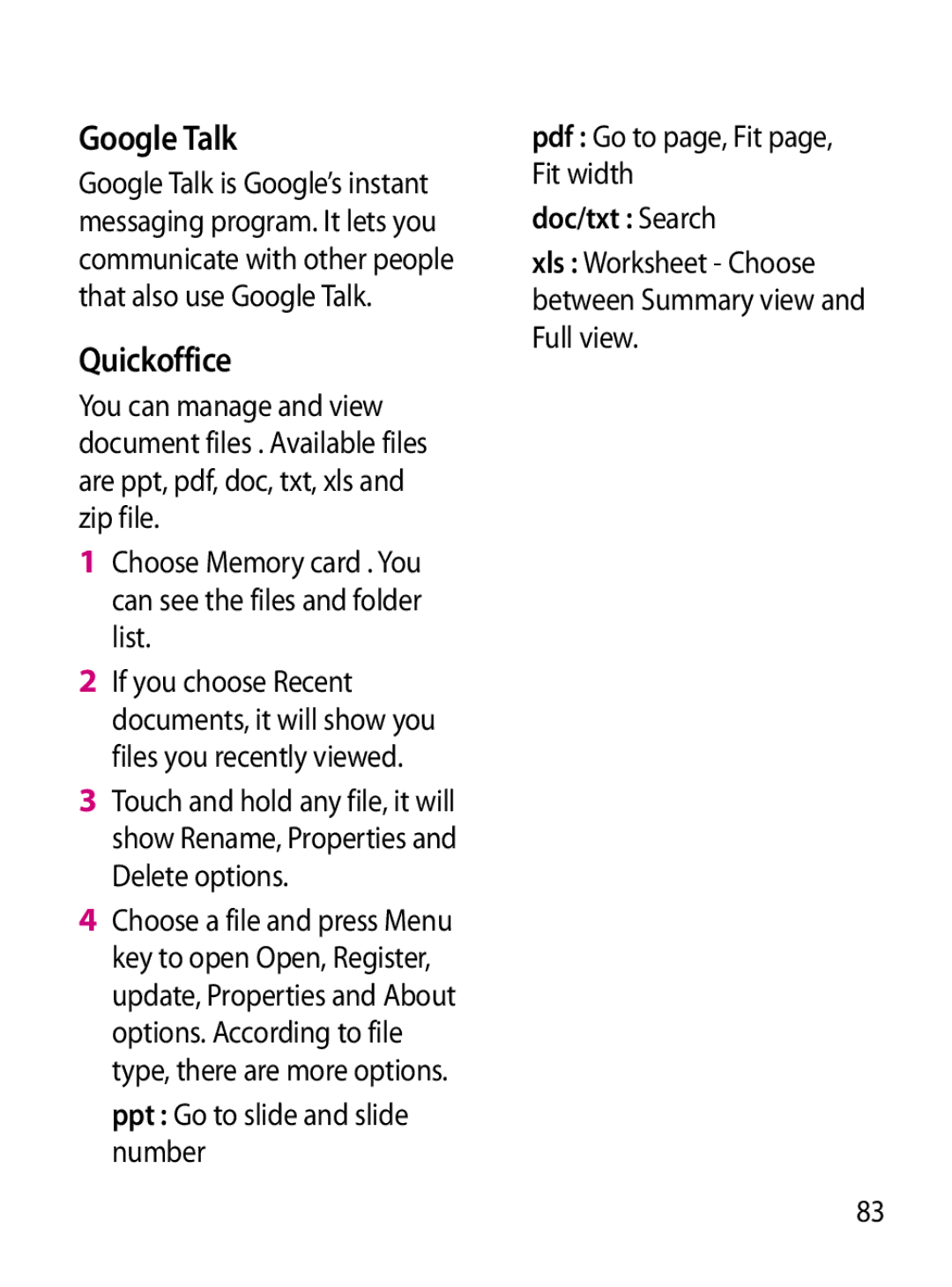 Mitel GW620 manual Google Talk, Quickoffice, Doc/txt Search 