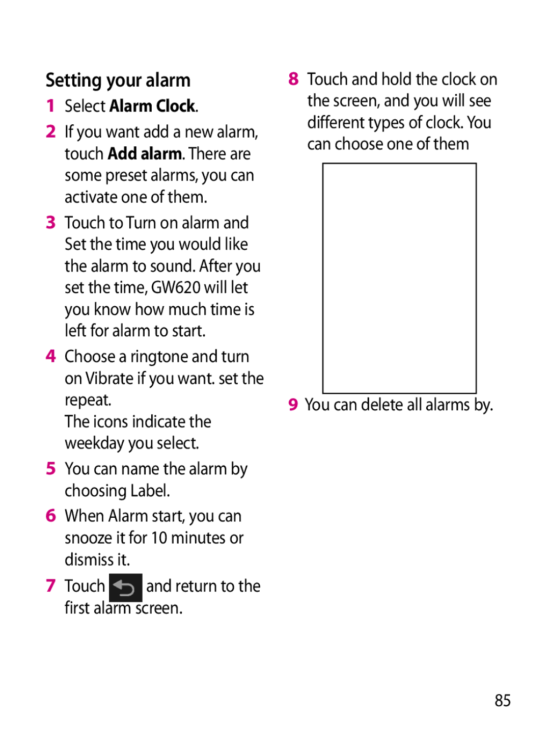 Mitel GW620 manual Setting your alarm, Select Alarm Clock, You can delete all alarms by 