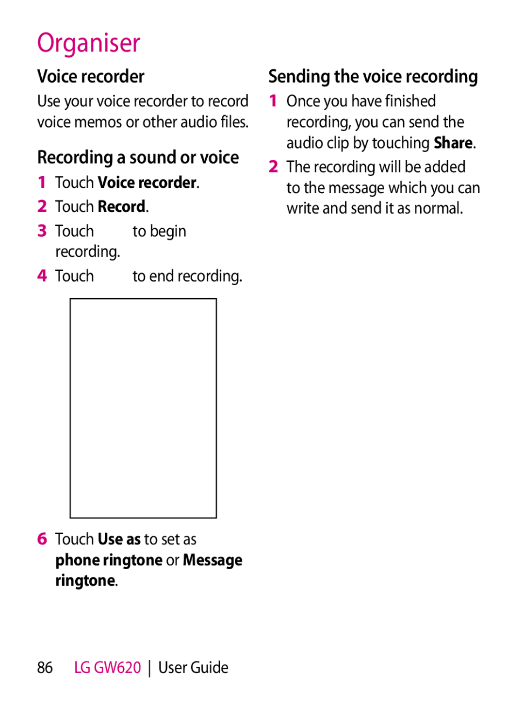 Mitel GW620 manual Touch Voice recorder, Touch Record Touch to begin recording, Sending the voice recording 