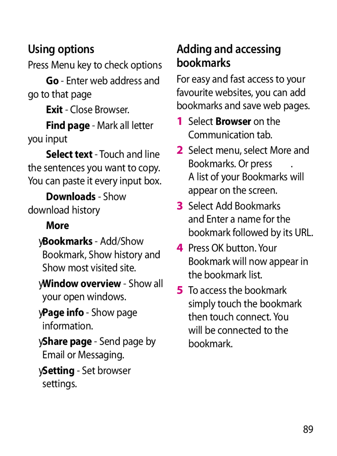 Mitel GW620 Using options, Exit Close Browser, Find page Mark all letter you input, More, Setting Set browser settings 