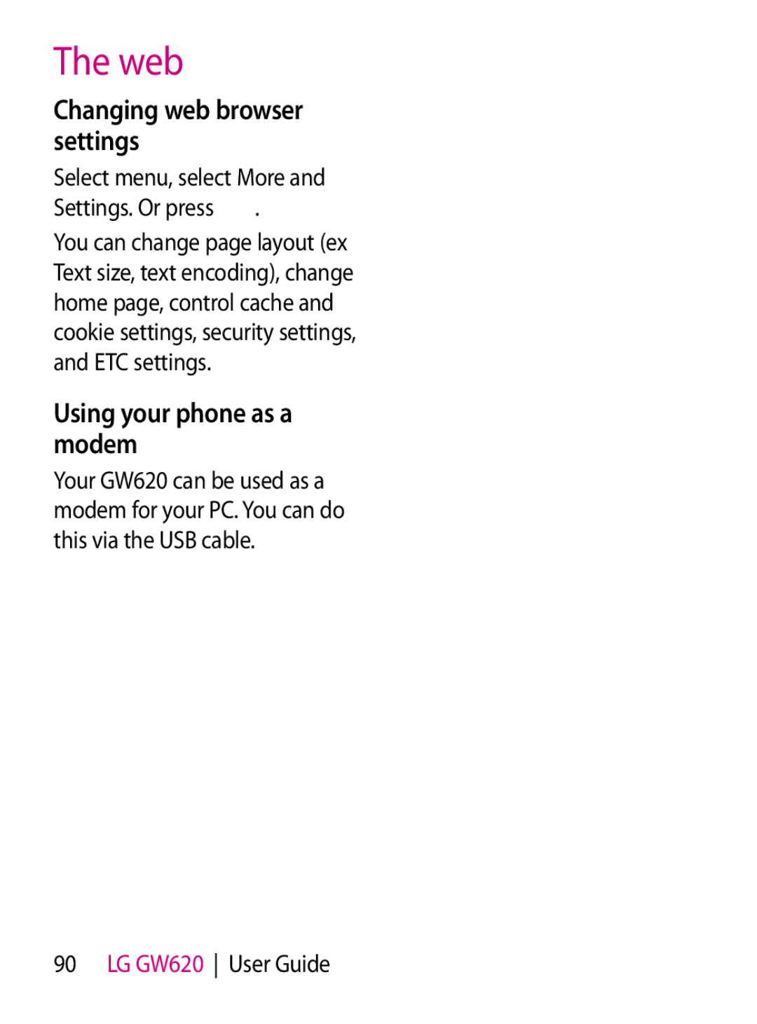 Mitel GW620 manual Changing web browser settings, Using your phone as a modem 