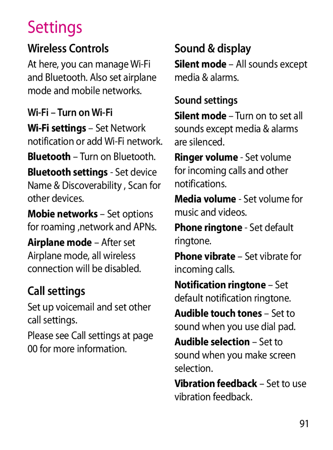 Mitel GW620 manual Settings, Wireless Controls, Call settings, Sound & display 