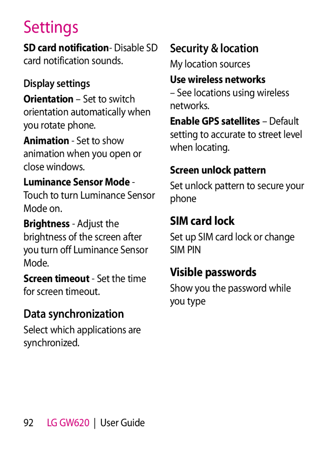Mitel GW620 manual Data synchronization, Security & location, SIM card lock, Visible passwords 