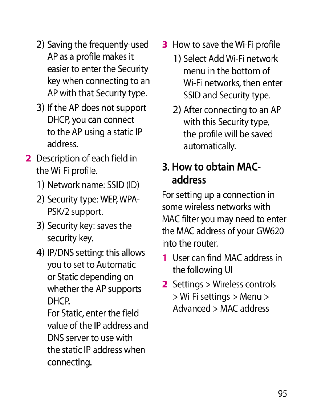 Mitel GW620 manual How to obtain MAC- address, Network name Ssid ID, How to save the Wi-Fi profile 