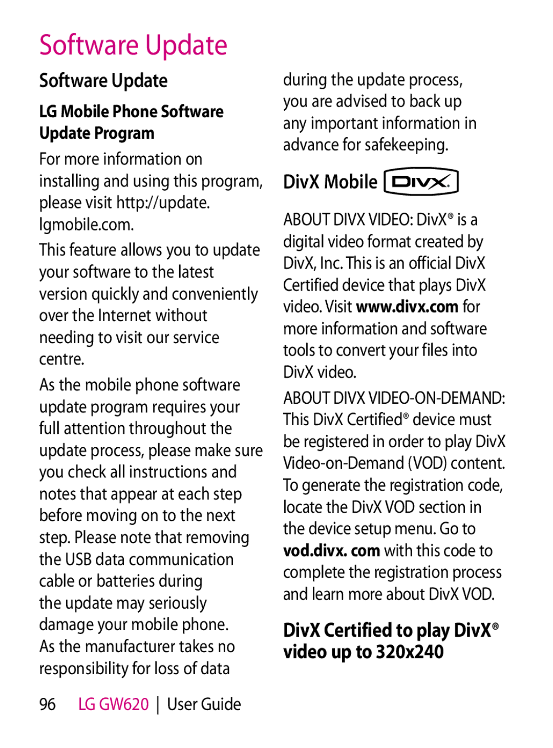 Mitel GW620 manual Software Update, DivX Mobile 