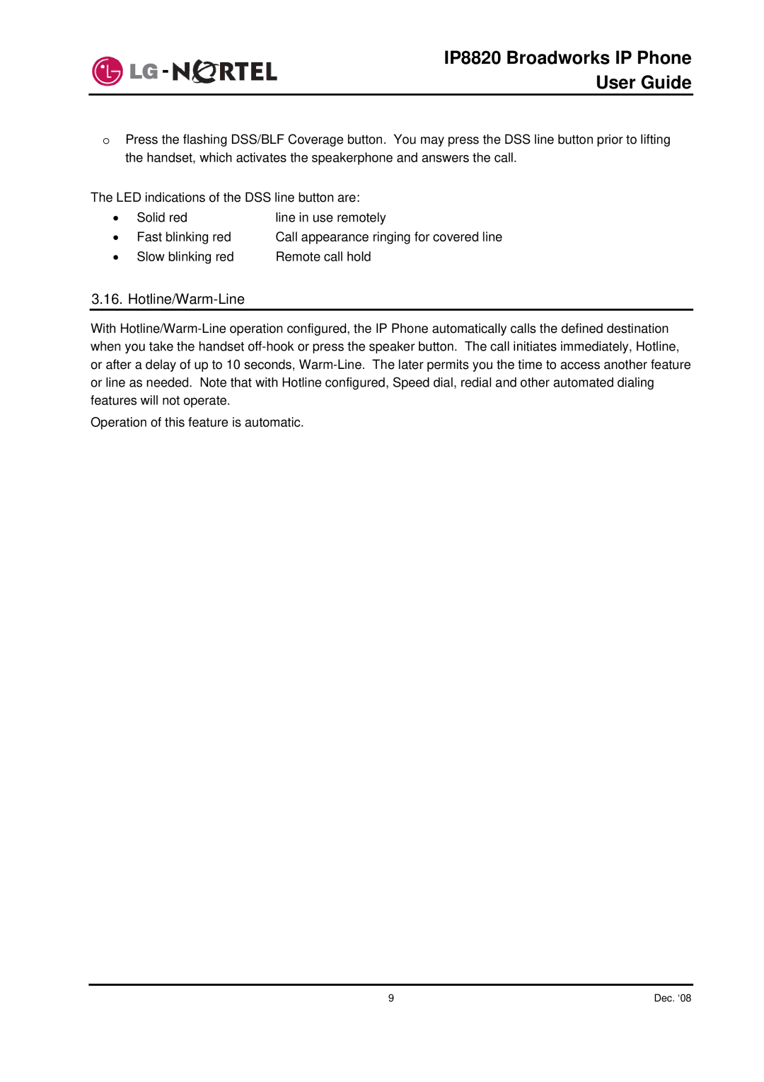 Mitel IP8820 manual Hotline/Warm-Line 