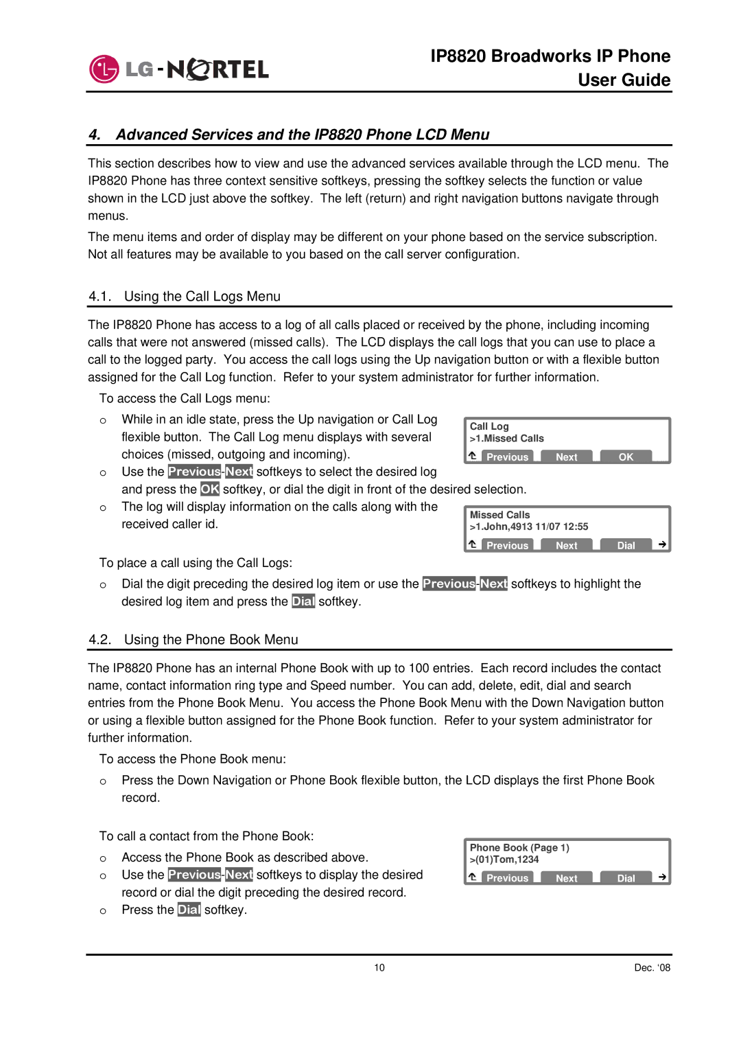 Mitel manual Advanced Services and the IP8820 Phone LCD Menu, Using the Call Logs Menu, Using the Phone Book Menu 