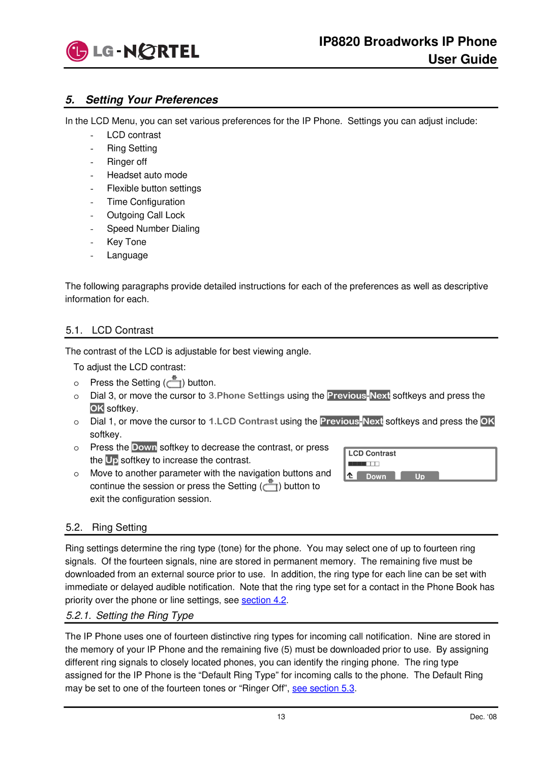 Mitel IP8820 manual Setting Your Preferences, LCD Contrast, Ring Setting 