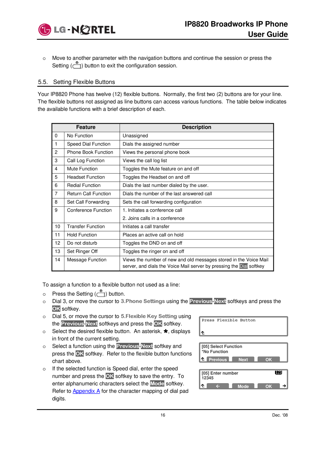 Mitel IP8820 manual Setting Flexible Buttons, Feature Description 