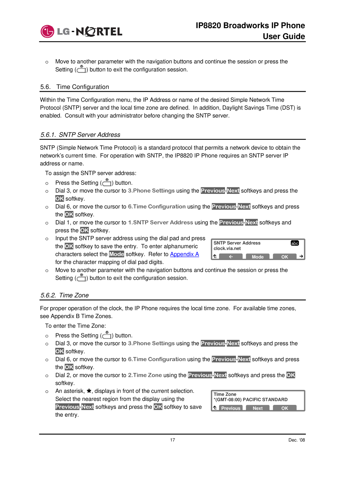 Mitel IP8820 manual Time Configuration, Sntp Server Address 