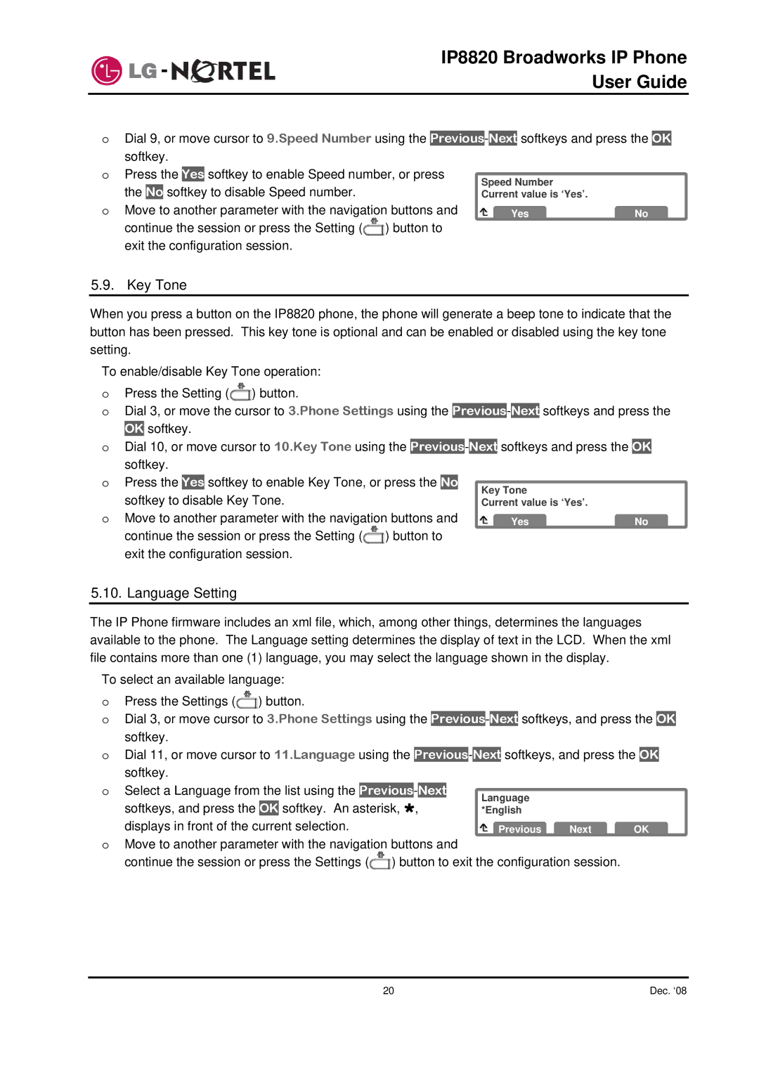 Mitel IP8820 manual Key Tone, Language Setting 