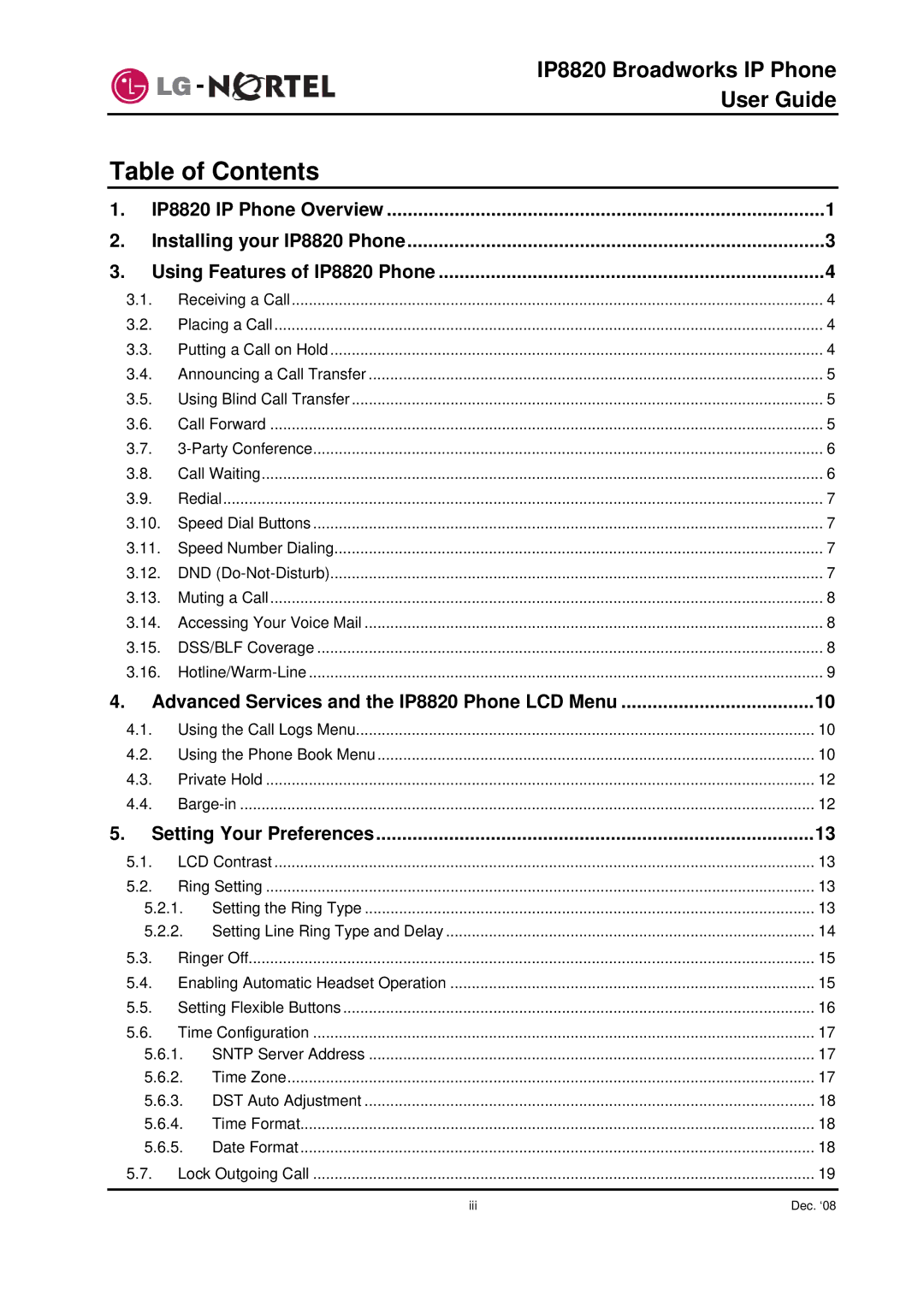 Mitel IP8820 manual Table of Contents 