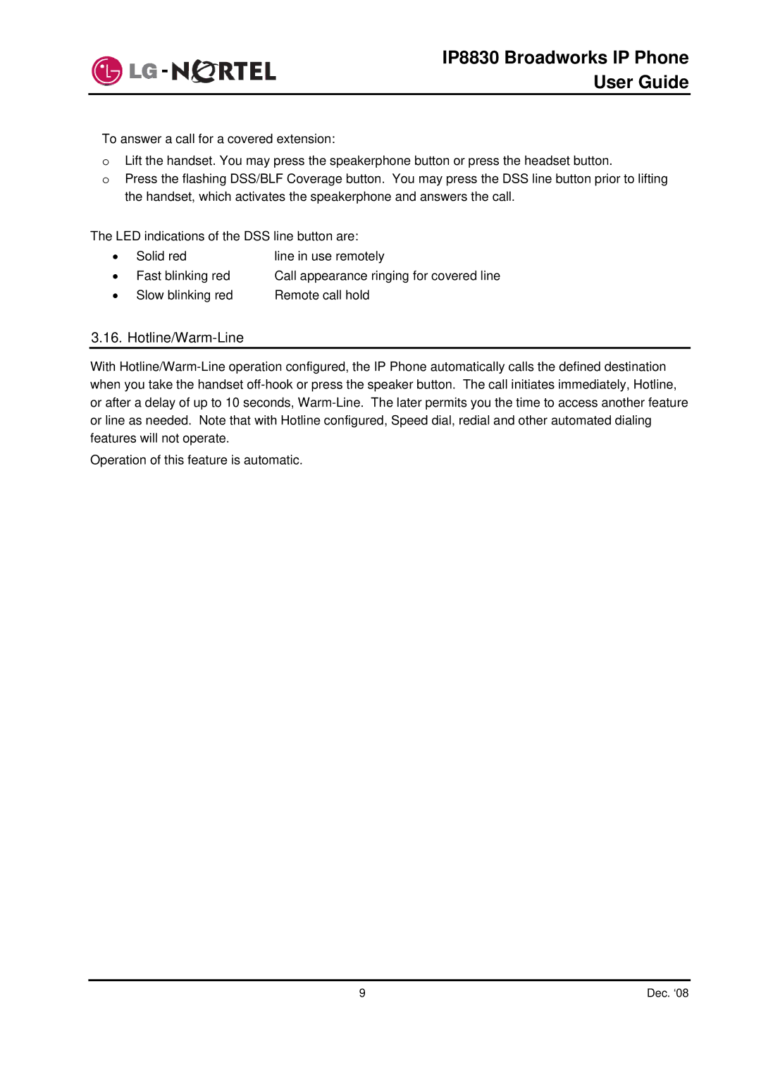 Mitel IP8830 manual Hotline/Warm-Line 